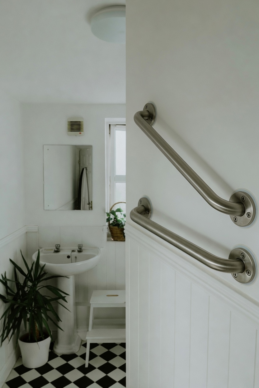 Illustration of grab bars on a bathroom wall beside a shower